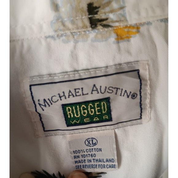 Michael Austin Mens Hawaiian Shirt XL Cotton Short Sleeve Pam Trees Cream - Picture 3 of 15